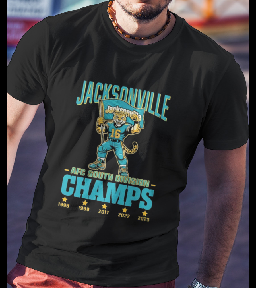 Jacksonville Jaguars Mascot 16 Holding Flag AFC South Division Champs 1998 1999 2017 2022 2023 T-Shirt