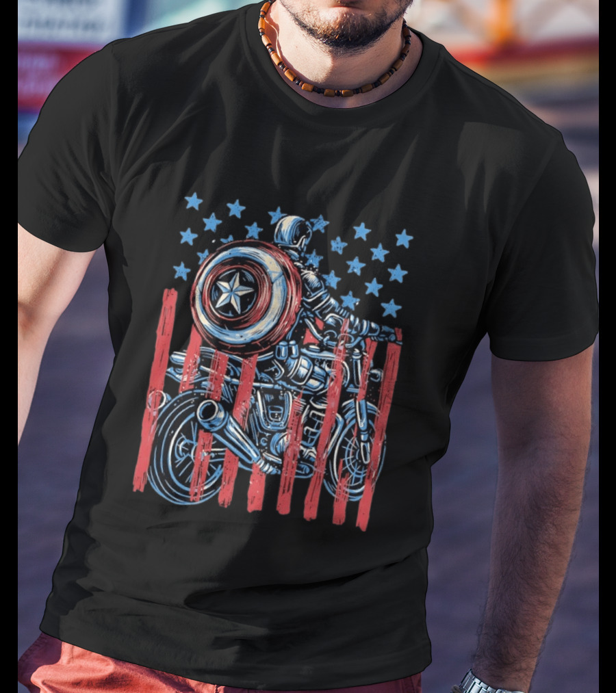 Captain America Motorcycle Ride With Shield And American Flag Stars And Stripes T-Shirt