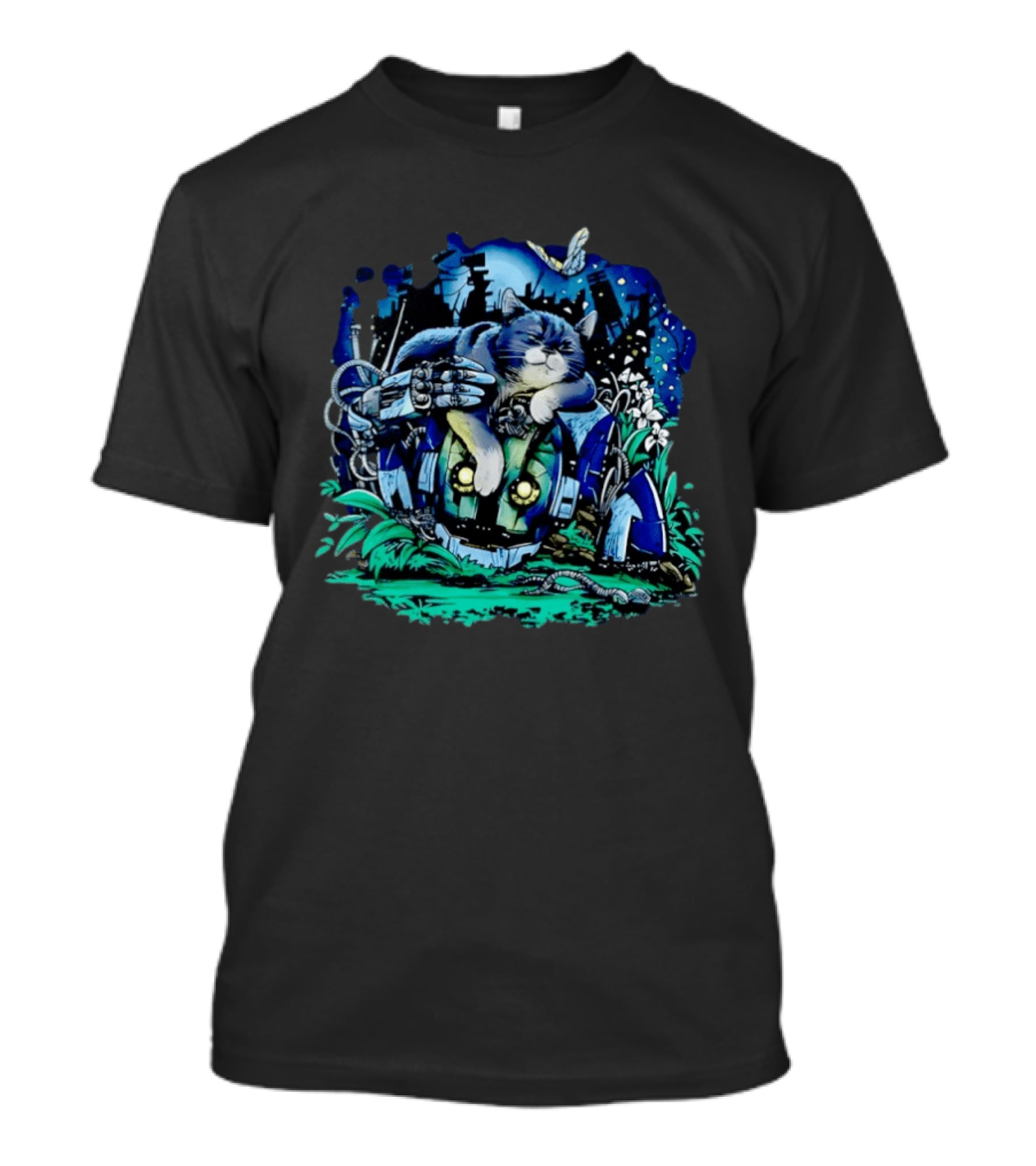 The Cat And The Robot Dystopian Cityscape With Flowers And Stars T-Shirt