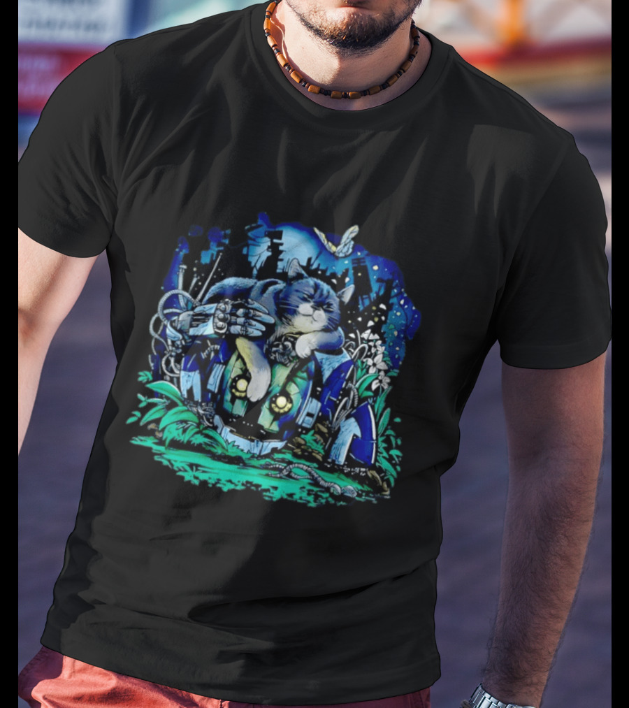 The Cat And The Robot Dystopian Cityscape With Flowers And Stars T-Shirt