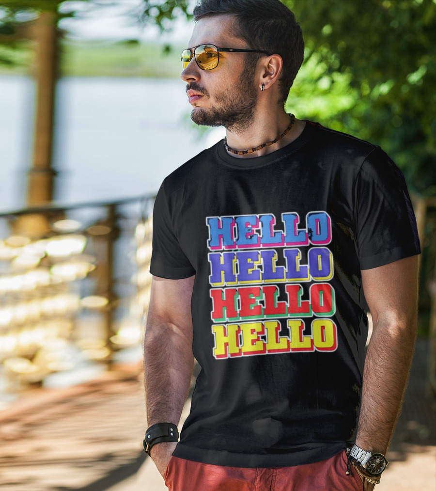 Hello Hello Hello Hello Blue Red Yellow Repeat Bold Pop T-Shirt