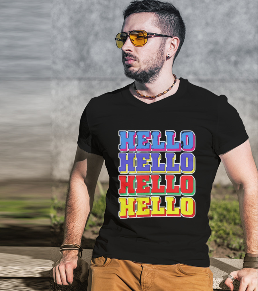 Hello Hello Hello Hello Blue Red Yellow Repeat Bold Pop T-Shirt