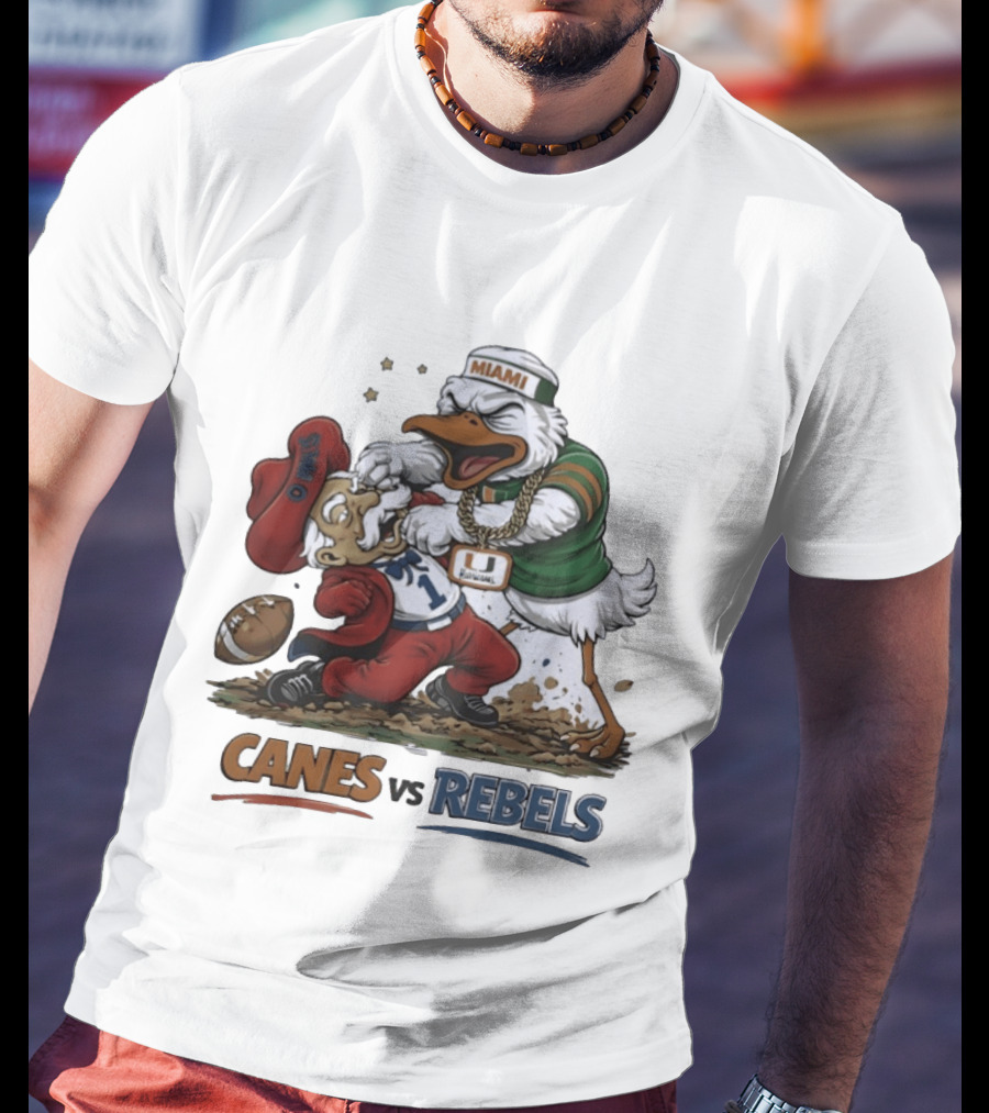 Miami Hurricanes Vs Ole Miss Rebels Mascot Showdown CFP Semifinal Vrbo Fiesta Bowl 2026 T-Shirt