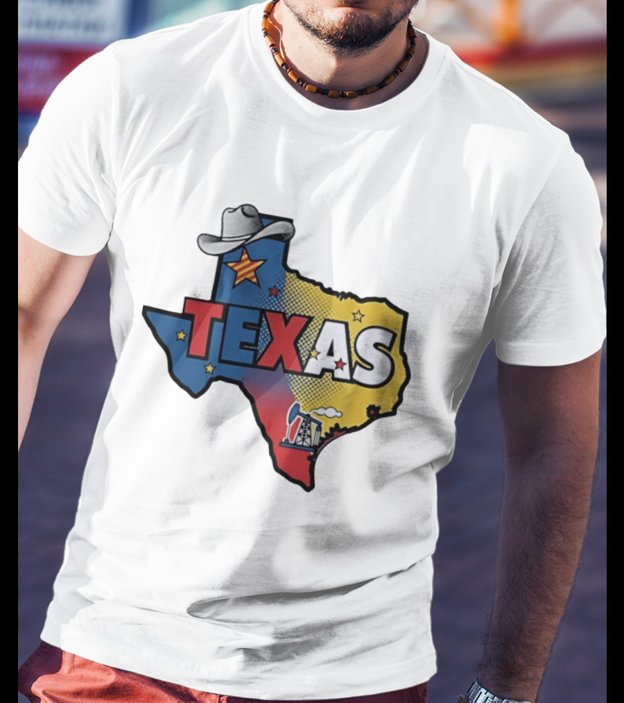 Texas Map Cowboy Hat Star Oil Rig T-Shirt