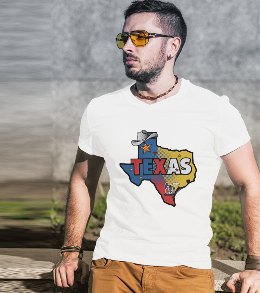 Texas Map Cowboy Hat Star Oil Rig T-Shirt