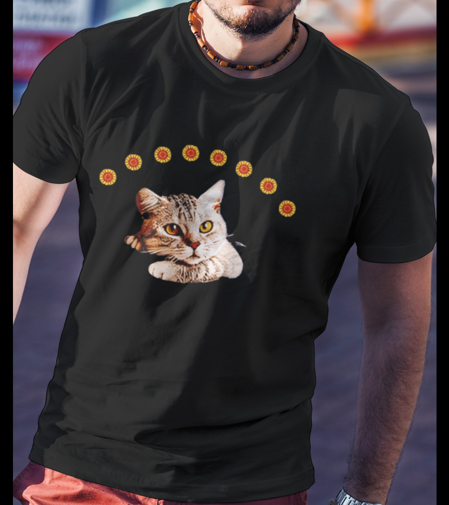 Sunflower Cat Whimsical Feline Surrounded By Flowers T-Shirt