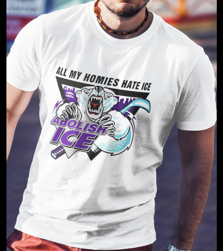 Abolish Ice All My Homies Hate Ice Polar Bear Hockey Rink Indianapolis Skyline T-Shirt