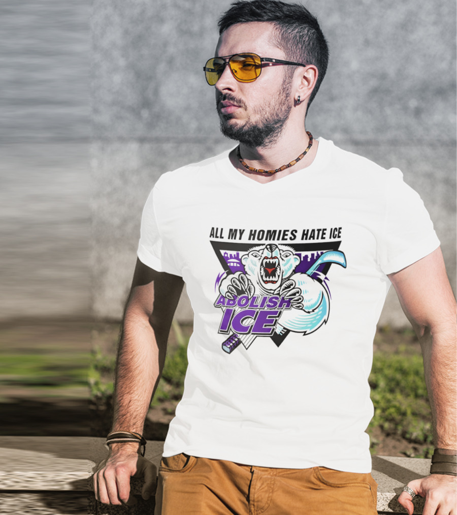 Abolish Ice All My Homies Hate Ice Polar Bear Hockey Rink Indianapolis Skyline T-Shirt