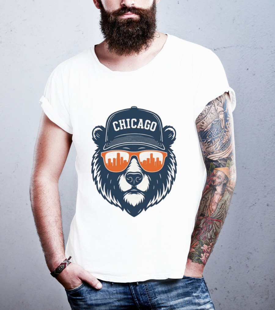 Chicago Bears Skyline 2026 Football City Bear With Hat And Sunglasses T-Shirt