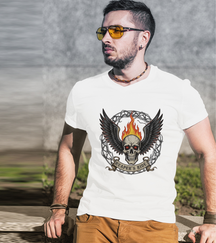 Flaming Skull With Wings Reaper's Ride T-Shirt