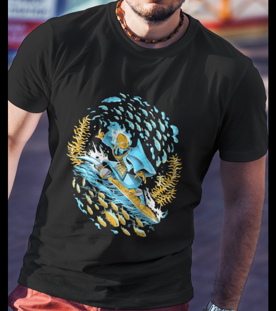 Sword Of The Sea Life Beneath The Waves Golden Samurai Surfer Wave Motion T-Shirt