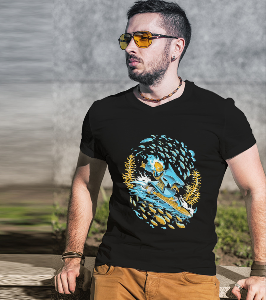 Sword Of The Sea Life Beneath The Waves Golden Samurai Surfer Wave Motion T-Shirt
