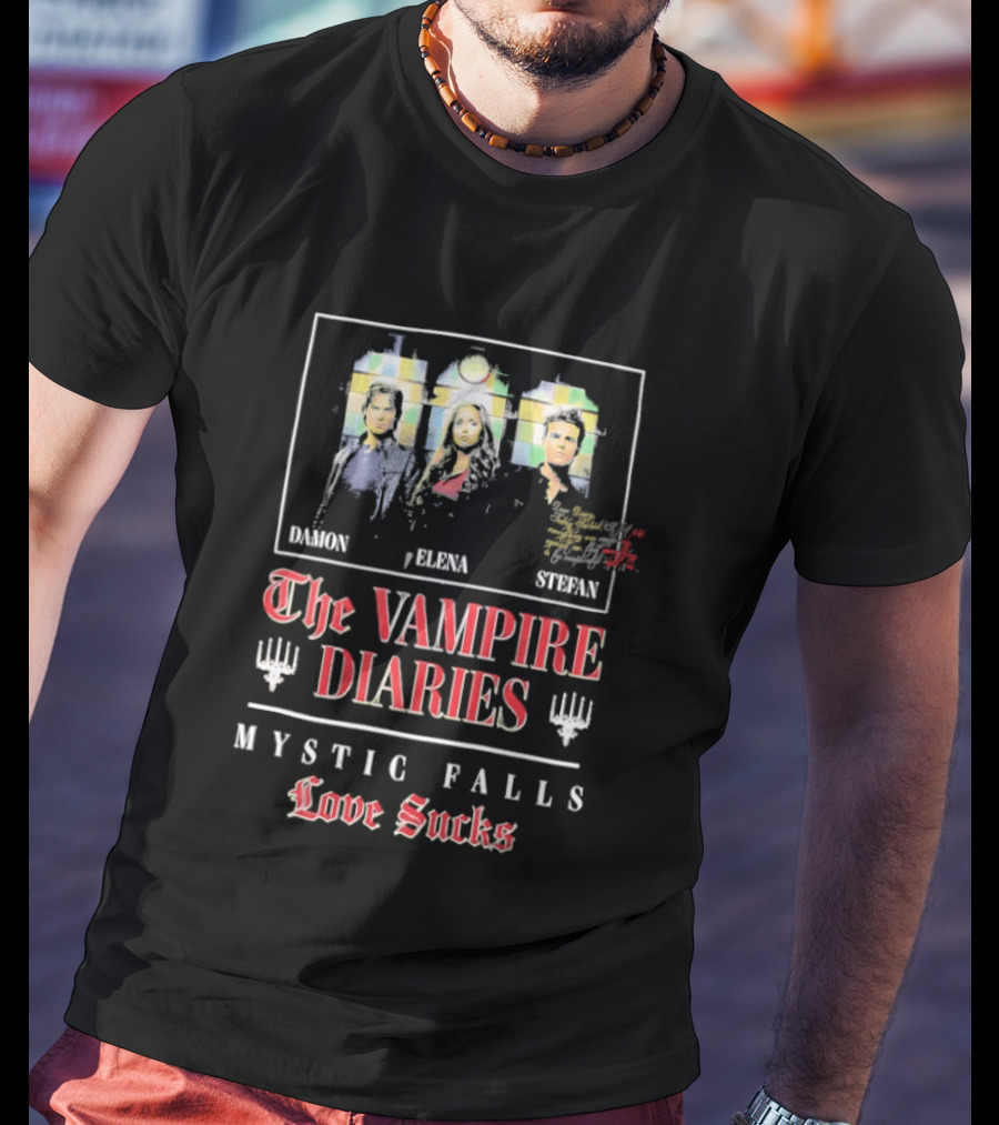 Damon Elena Stefan The Vampire Diaries Mystic Falls Love Sucks T-Shirt