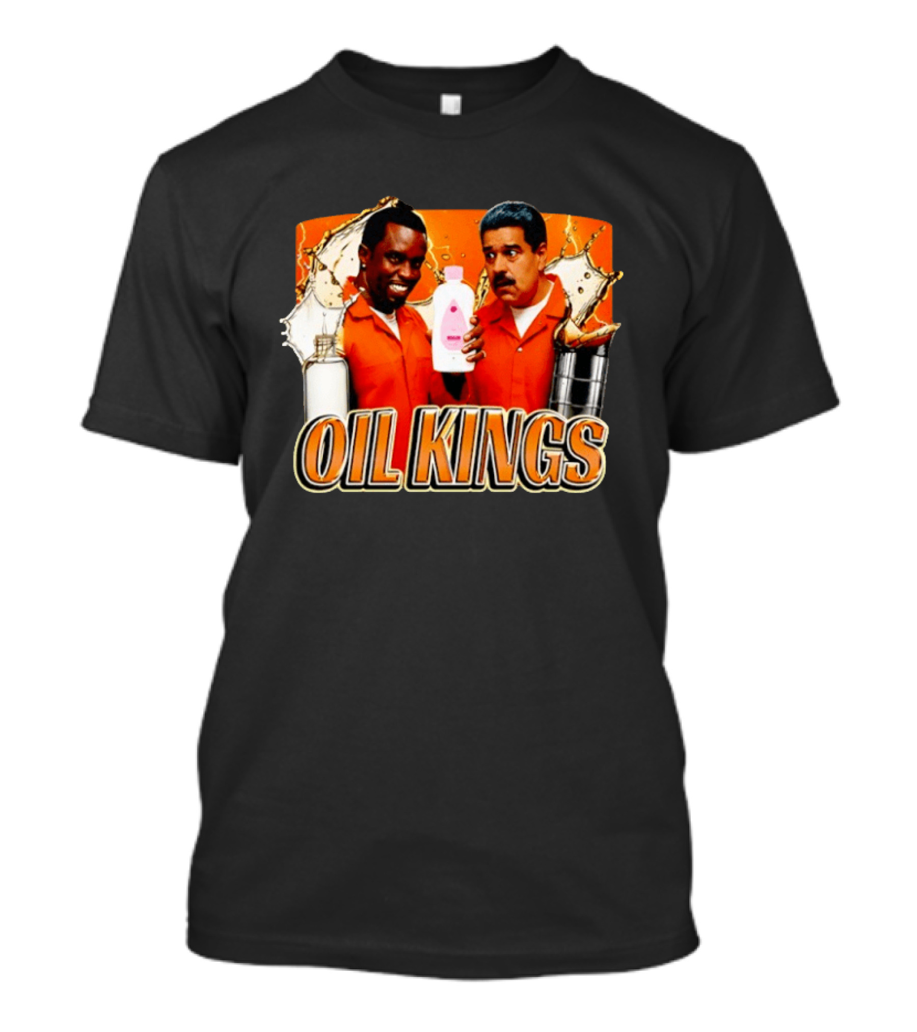 Oil Kings Comedy Parody With Iconic Characters And Baby Oil Bottle T-Shirt