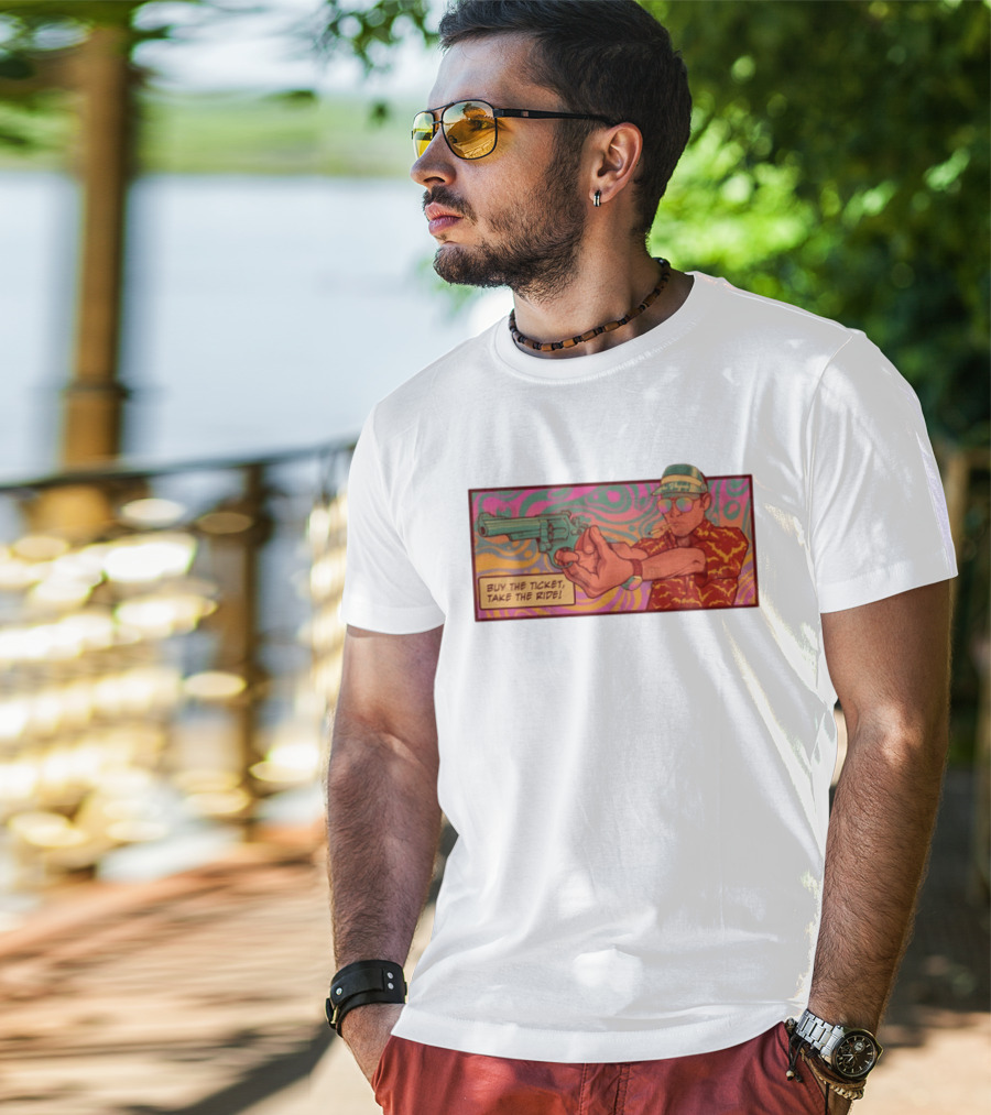 Raoul Duke Buy The Ticket Take The Ride Psychedelic Art Gun And Sunglasses Scene T-Shirt