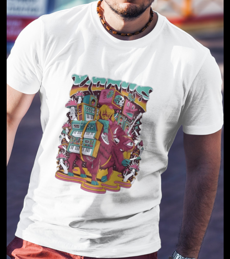 Skeleton Riding Bison Lotus Band Colorado Tour 2026 Psychedelic Instrument Adventure T-Shirt