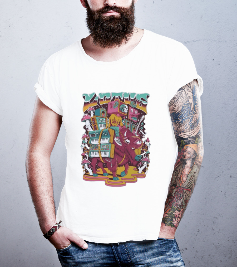 Skeleton Riding Bison Lotus Band Colorado Tour 2026 Psychedelic Instrument Adventure T-Shirt