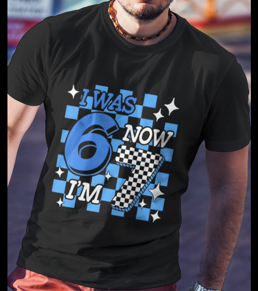 Blue Checkered I Was 6 Now I'm 7 Birthday Boy T-Shirt