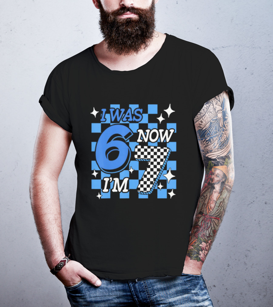 Blue Checkered I Was 6 Now I'm 7 Birthday Boy T-Shirt