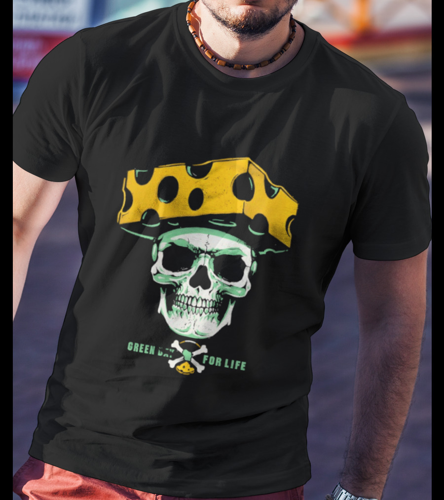 Green Bay Packers For Life Skull Cheesehead T-Shirt