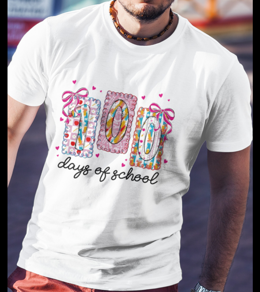 Colorful 100 Days Of School Celebration With Hearts And Bows T-Shirt