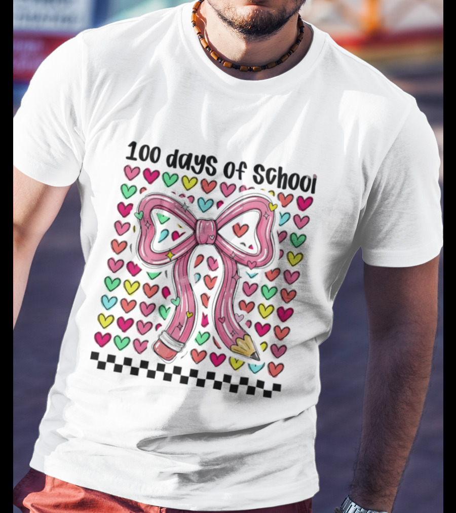 100 Days Of School Valentine Coquette Bow Pencil Hearts T-Shirt