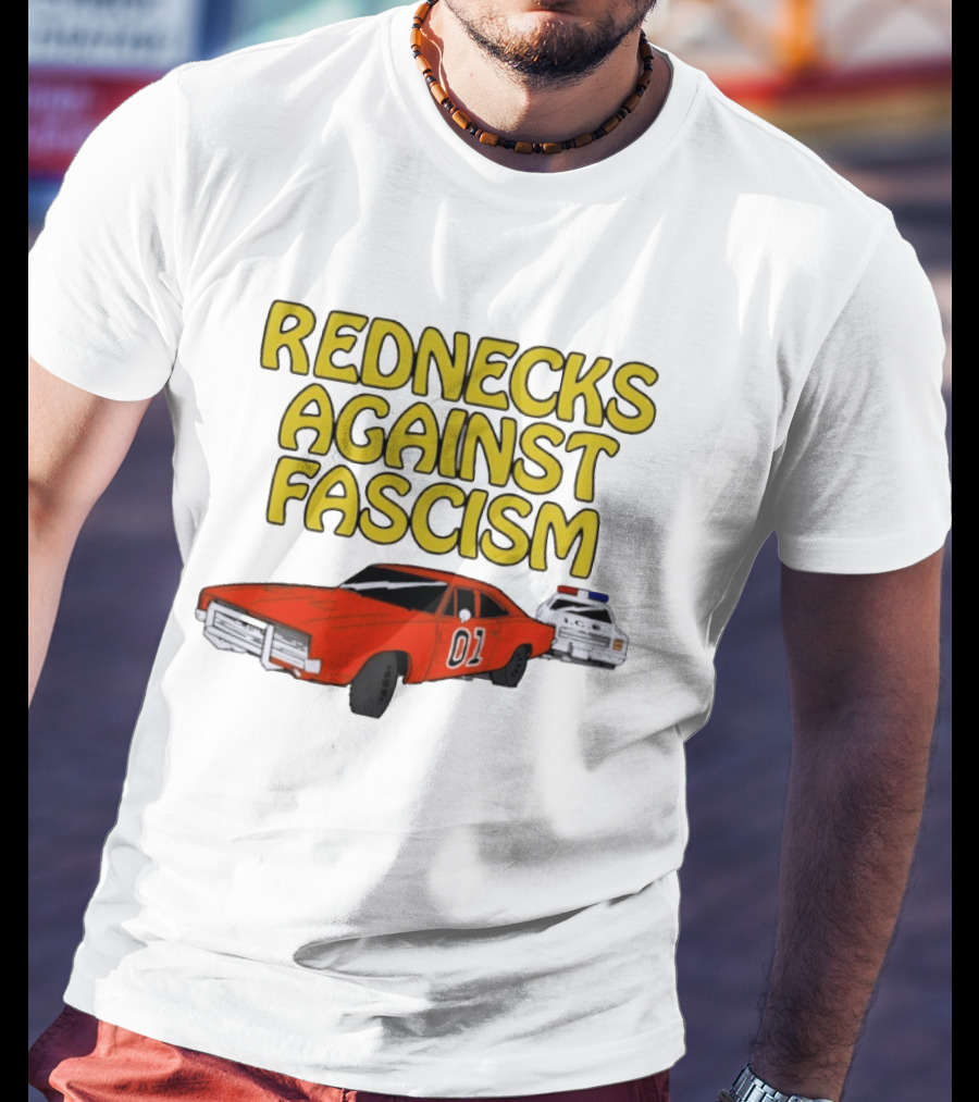 Rednecks Against Fascism Car Cartoon With 01 And Police Chase Scene T-Shirt