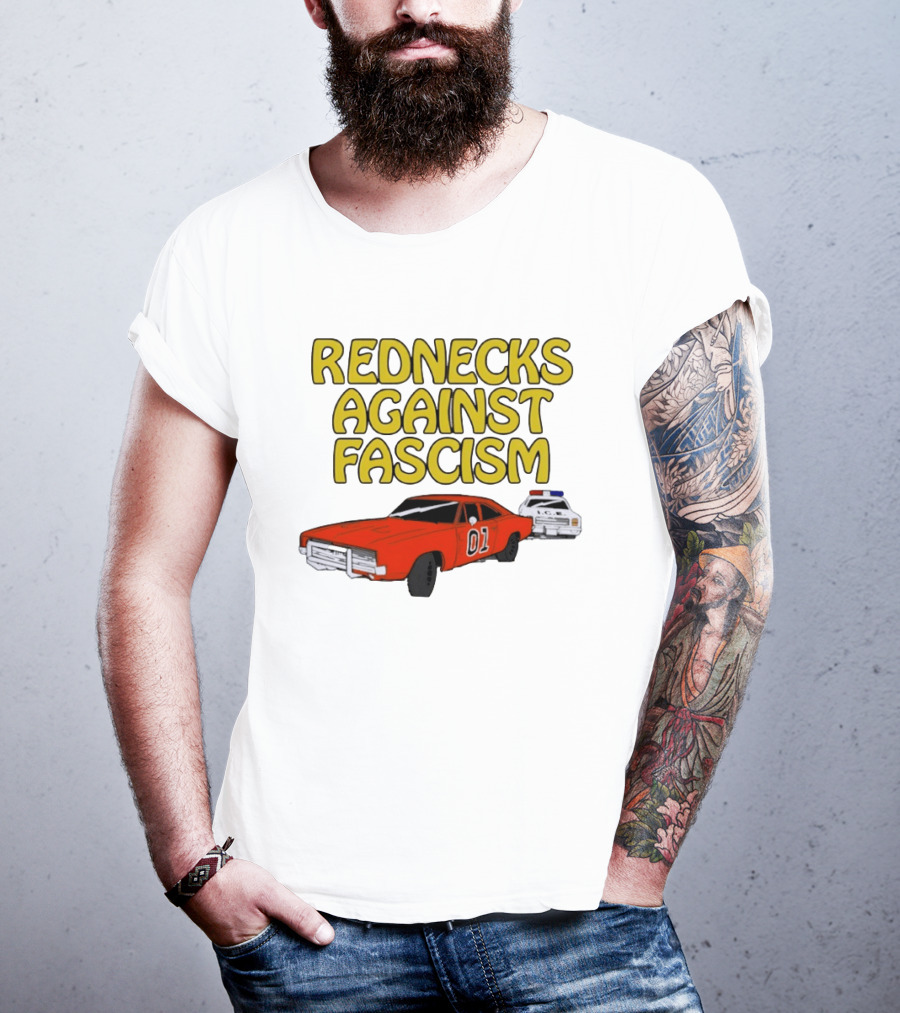 Rednecks Against Fascism Car Cartoon With 01 And Police Chase Scene T-Shirt