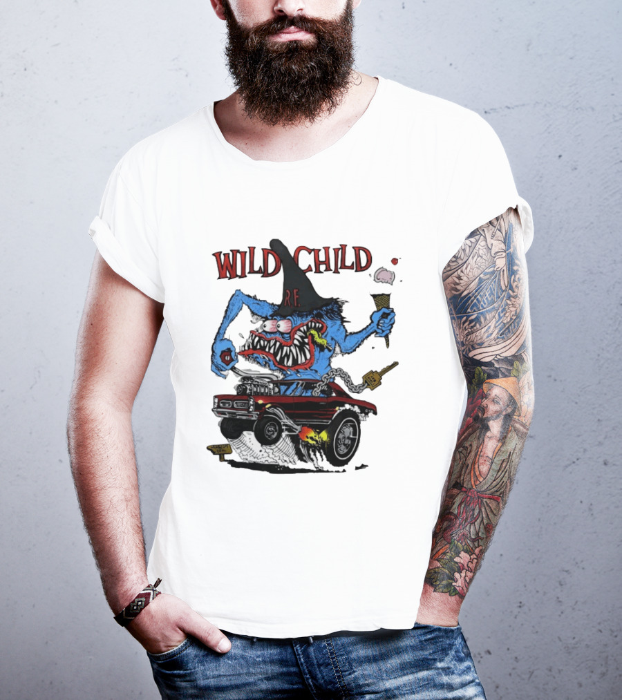 Wild Child Rat Fink R.F. Hot Rod Monster With Ice Cream And Gear Shift T-Shirt