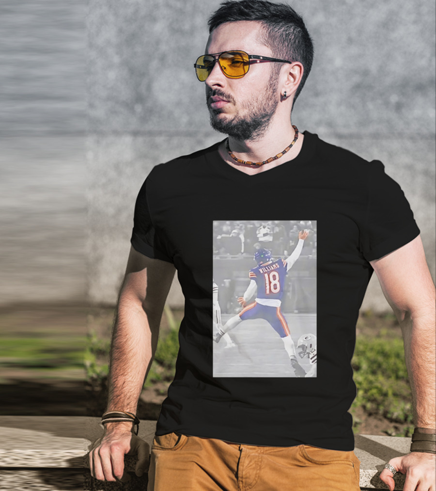Caleb Williams Iconic Jumpman Football Moment Number 18 Blue And Orange T-Shirt