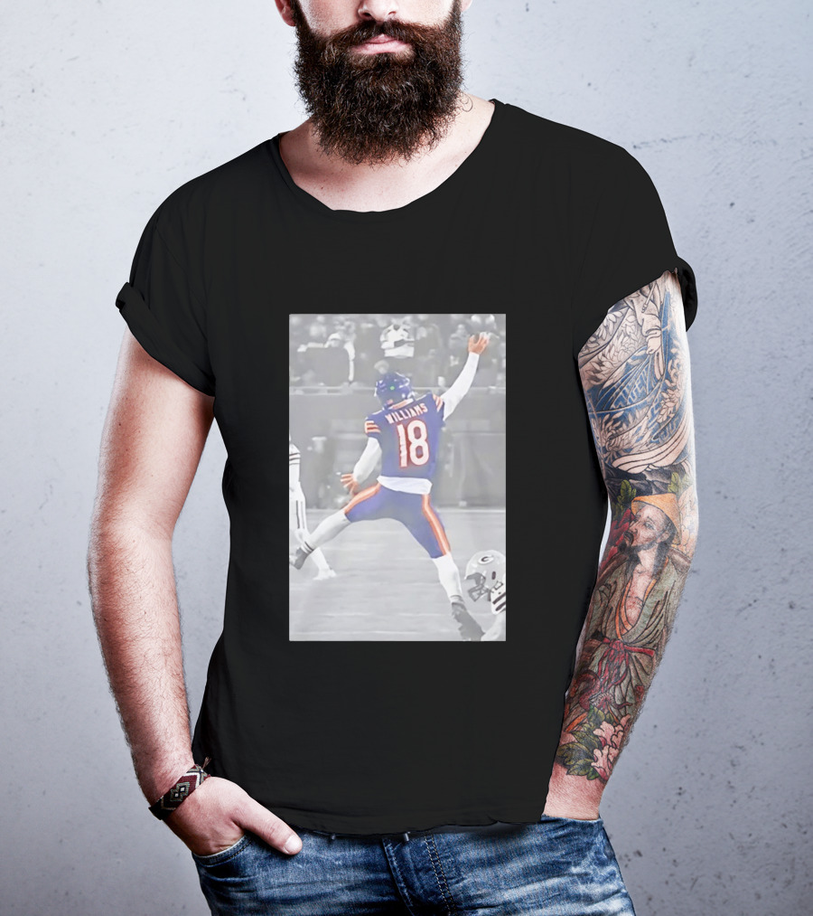 Caleb Williams Iconic Jumpman Football Moment Number 18 Blue And Orange T-Shirt