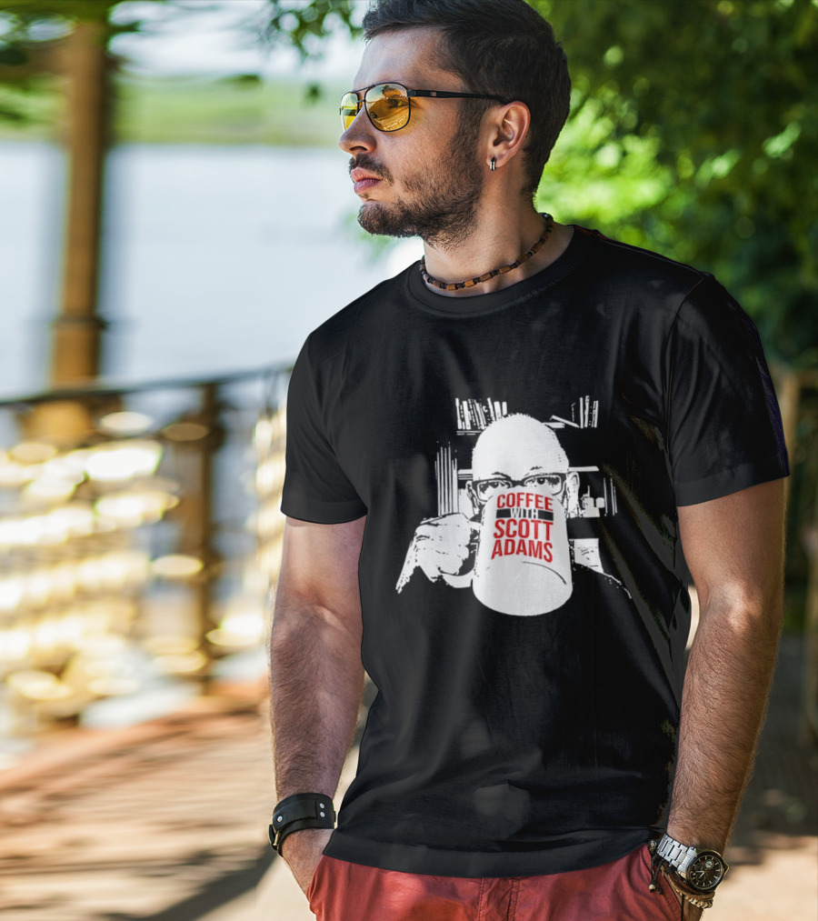 Coffee With Scott Adams Graphic Art And Bookshelves T-Shirt