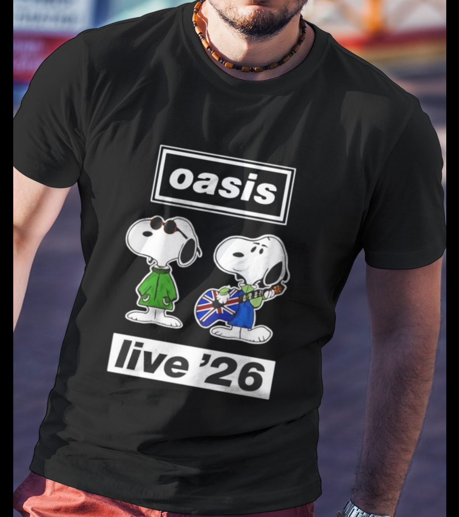 Oasis Snoopy Live '26 Union Jack Guitar T-Shirt