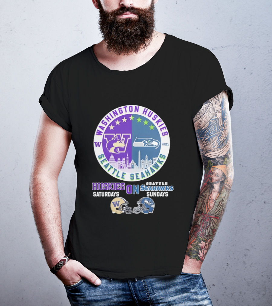 Washington Huskies Saturdays Seattle Seahawks Sundays Football Helmet Mashup T-Shirt