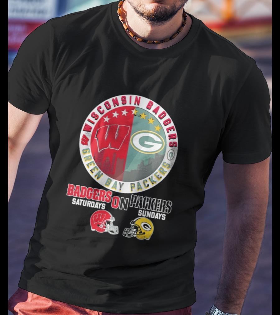 Wisconsin Badgers Green Bay Packers Saturdays Sundays Helmet Mashup T-Shirt