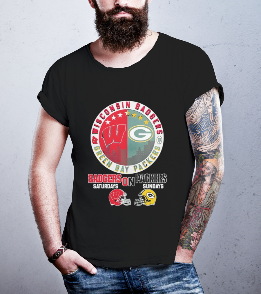 Wisconsin Badgers Green Bay Packers Saturdays Sundays Helmet Mashup T-Shirt