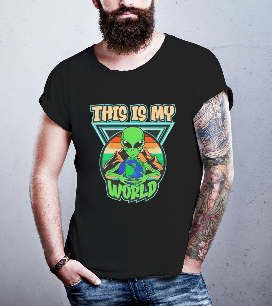This Is My World Alien Holding Earth Retro Desert Scene T-Shirt