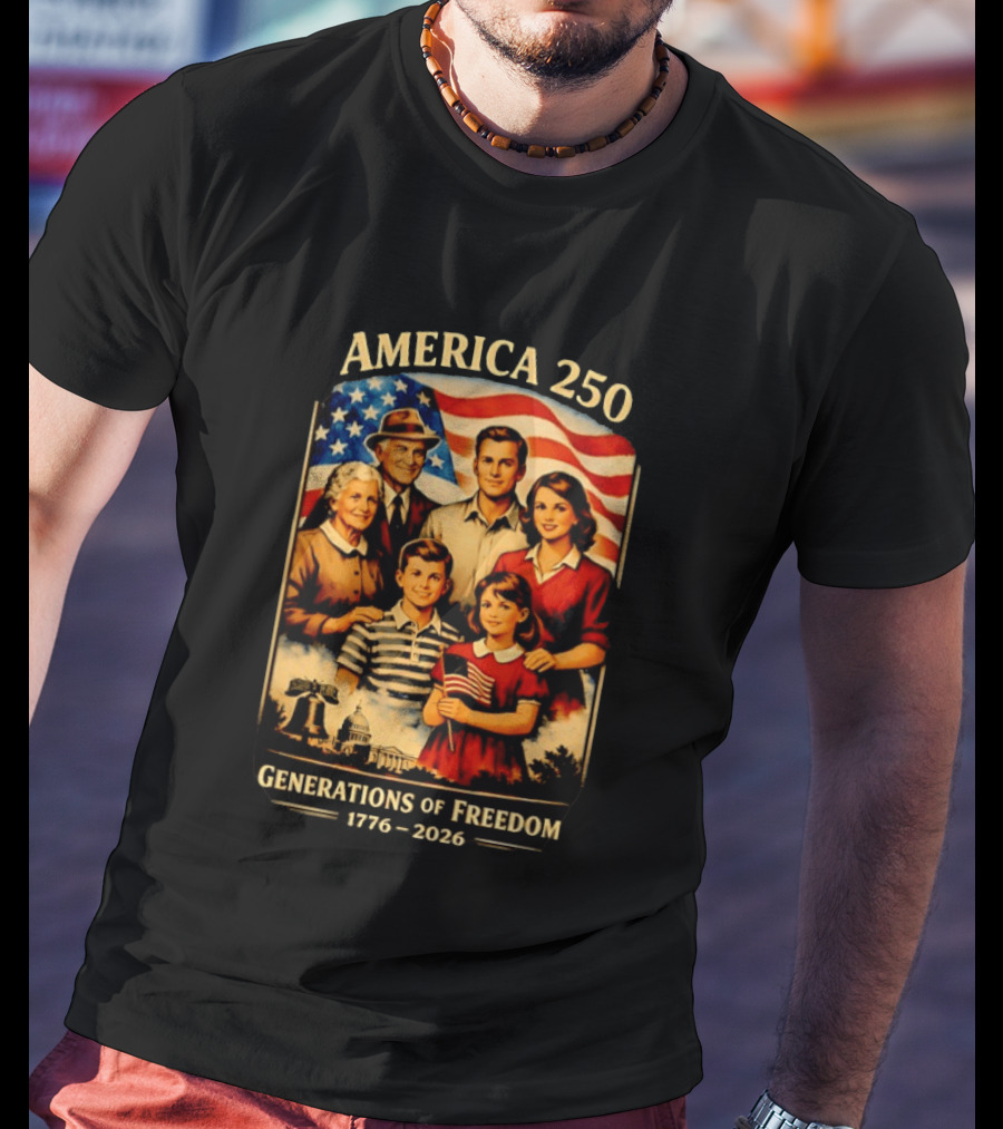 America 250 Generations Of Freedom 1776 2026 Vintage Family With Flag T-Shirt