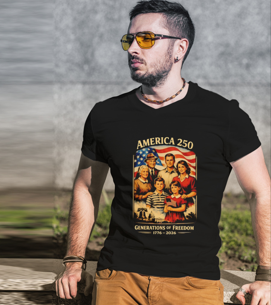 America 250 Generations Of Freedom 1776 2026 Vintage Family With Flag T-Shirt
