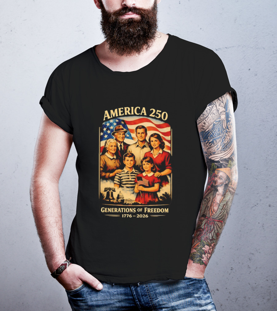 America 250 Generations Of Freedom 1776 2026 Vintage Family With Flag T-Shirt