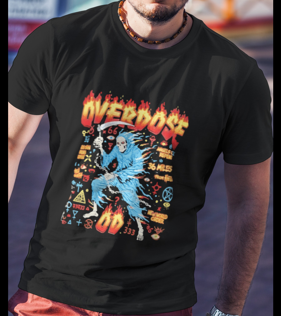 Overdose Grim Reaper Angels Repent 36 Miles From Hell 65 Neon New World Order OD 333 T-Shirt