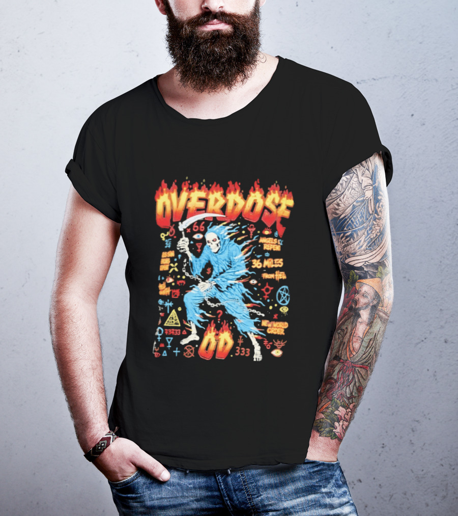Overdose Grim Reaper Angels Repent 36 Miles From Hell 65 Neon New World Order OD 333 T-Shirt
