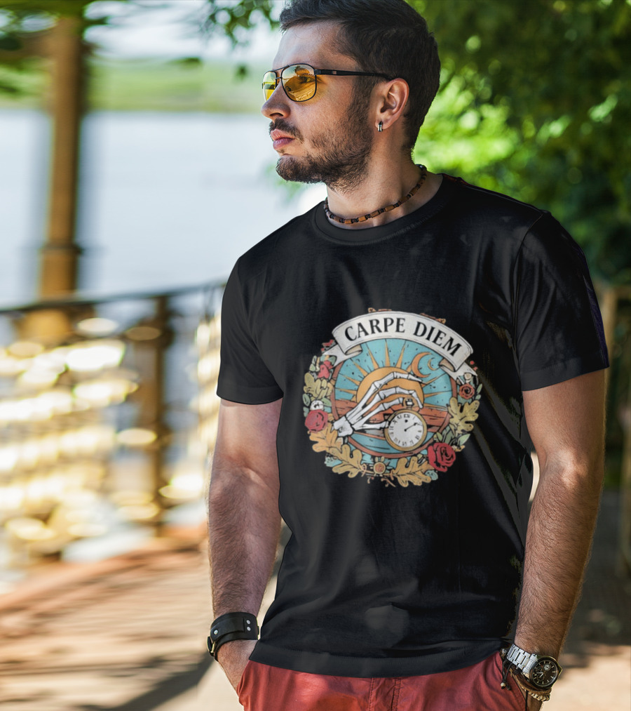 Carpe Diem Memento Mori Skeleton Art Roses Sun Moon T-Shirt