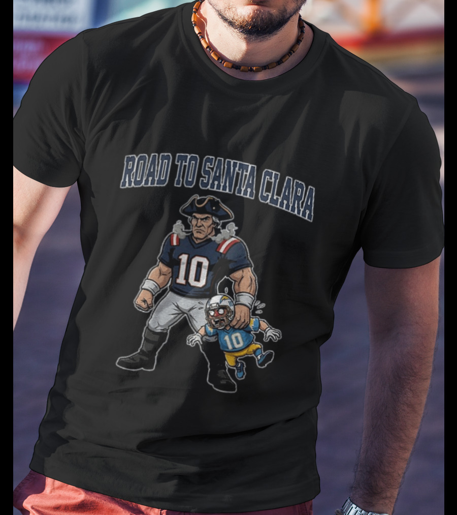 Road To Santa Clara Patriots Cartoon Holding Number 10 Football T-Shirt