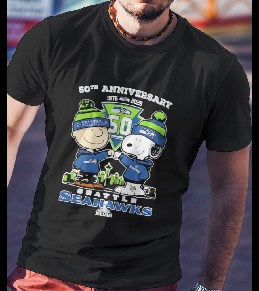 Charlie Brown Snoopy Fist Bump Seattle Seahawks 50th Anniversary Skyline 1976 2026 T-Shirt