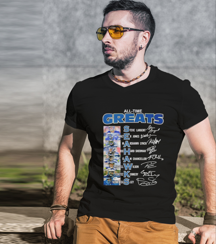 All Time Greats Seattle Seahawks Steve Largent Walter Jones Russell Wilson Legion Of Boom T-Shirt