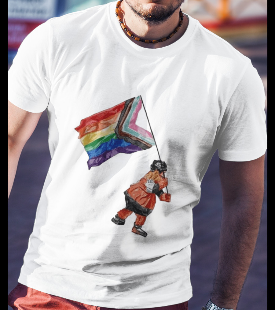 Philadelphia Hockey Mascot Holding Progress Pride Flag T-Shirt