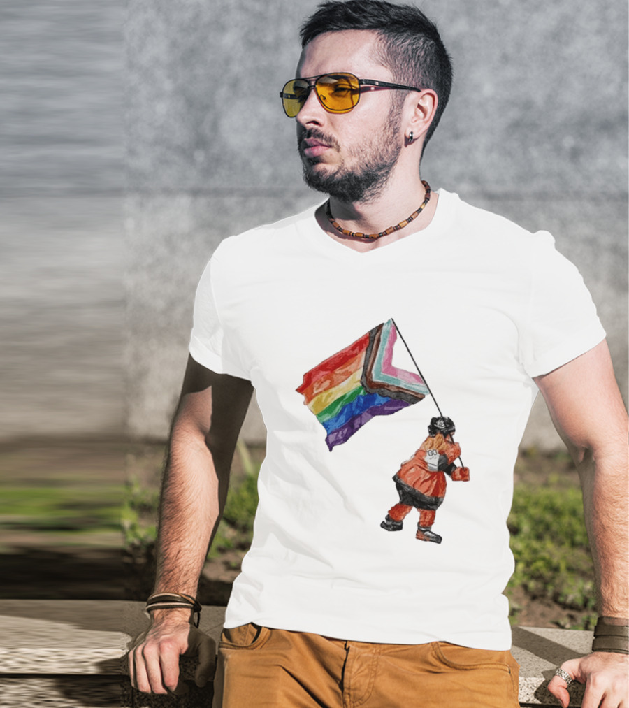 Philadelphia Hockey Mascot Holding Progress Pride Flag T-Shirt
