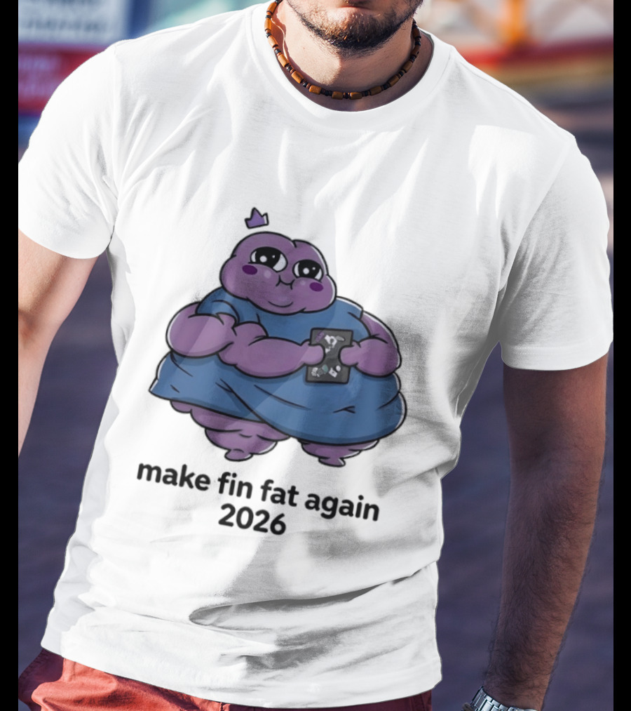 Make Fin Fat Again 2026 Cartoon Character Holding Card T-Shirt