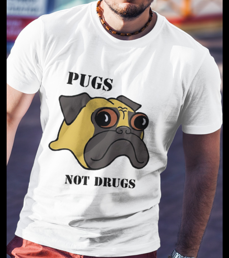 Pugs Not Drugs Cartoon Dog Face Funny Anti Drug Message T-Shirt